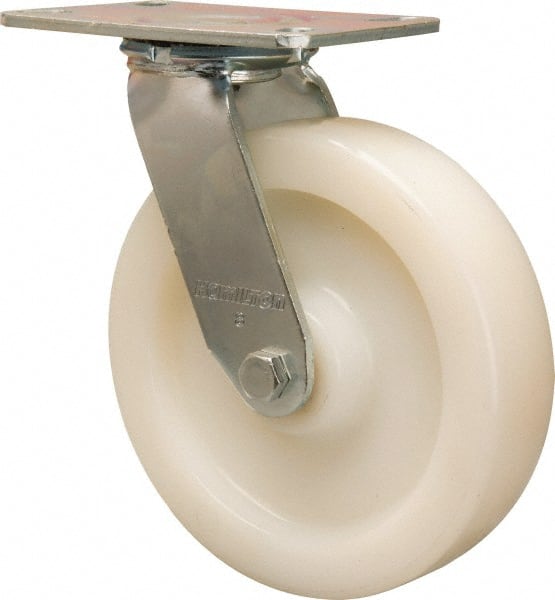 Hamilton - 8" Diam x 2" Wide x 9-1/2" OAH Top Plate Mount Swivel Caster - Nylon, 1,500 Lb Capacity, Precision Ball Bearing, 4-1/2 x 6-1/4" Plate - Exact Tooling