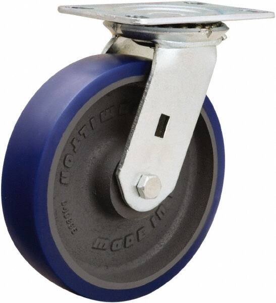 Hamilton - 8" Diam x 2" Wide x 9-1/2" OAH Top Plate Mount Swivel Caster - Polyurethane Mold onto Cast Iron Center, 1,200 Lb Capacity, Sealed Precision Ball Bearing, 4-1/2 x 6-1/4" Plate - Exact Tooling