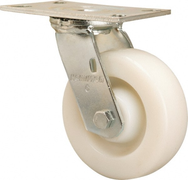 Hamilton - 6" Diam x 2" Wide x 7-1/2" OAH Top Plate Mount Swivel Caster - Nylon, 900 Lb Capacity, Sealed Precision Ball Bearing, 4-1/2 x 6-1/4" Plate - Exact Tooling