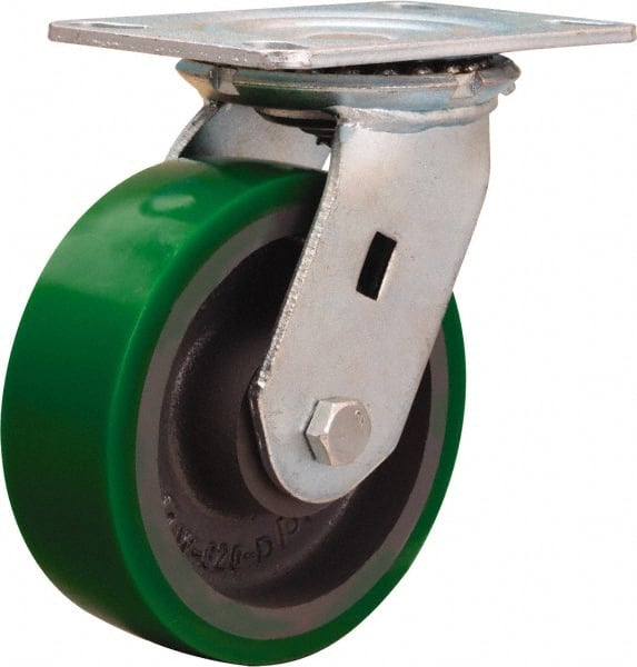 Hamilton - 6" Diam x 2" Wide x 7-1/2" OAH Top Plate Mount Swivel Caster - Polyurethane Mold onto Cast Iron Center, 1,200 Lb Capacity, Sealed Precision Ball Bearing, 4-1/2 x 6-1/4" Plate - Exact Tooling