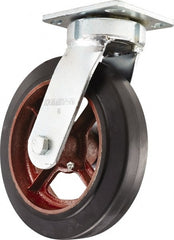Hamilton - 8" Diam x 2" Wide x 9-1/2" OAH Top Plate Mount Swivel Caster - Rubber Mold on Cast Iron, Straight Roller Bearing, 4 x 4-1/2" Plate - Exact Tooling