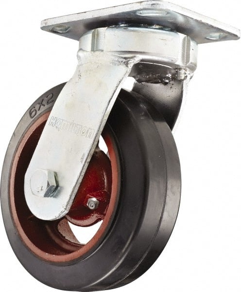 Hamilton - 6" Diam x 2" Wide x 7-1/2" OAH Top Plate Mount Swivel Caster - Rubber Mold on Cast Iron, Straight Roller Bearing, 4 x 4-1/2" Plate - Exact Tooling