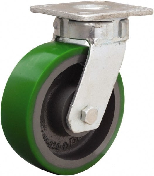 Hamilton - 6" Diam x 2" Wide x 7-1/2" OAH Top Plate Mount Swivel Caster - Polyurethane Mold onto Cast Iron Center, 1,200 Lb Capacity, Sealed Precision Ball Bearing, 4 x 4-1/2" Plate - Exact Tooling