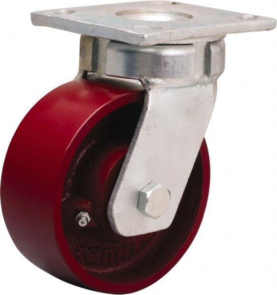 Hamilton - 5" Diam x 2" Wide x 7" OAH Top Plate Mount Swivel Caster - Cast Iron, 1,200 Lb Capacity, Sealed Precision Ball Bearing, 4 x 4-1/2" Plate - Exact Tooling