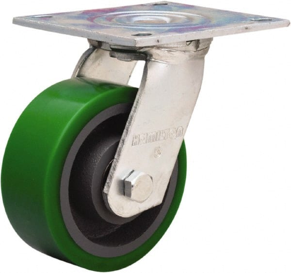 Hamilton - 5" Diam x 2" Wide x 7" OAH Top Plate Mount Swivel Caster - Polyurethane Mold onto Cast Iron Center, 1,050 Lb Capacity, Sealed Precision Ball Bearing, 4 x 4-1/2" Plate - Exact Tooling