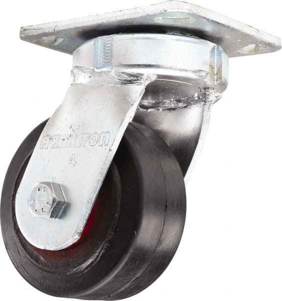 Hamilton - 4" Diam x 2" Wide x 5-5/8" OAH Top Plate Mount Swivel Caster - Rubber Mold on Cast Iron, Straight Roller Bearing, 4 x 4-1/2" Plate - Exact Tooling