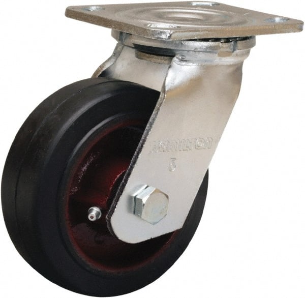 Hamilton - 5" Diam x 2" Wide x 6-1/2" OAH Top Plate Mount Swivel Caster - Rubber Mold on Cast Iron, 350 Lb Capacity, Straight Roller Bearing, 4 x 4-1/2" Plate - Exact Tooling