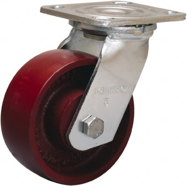 Hamilton - 5" Diam x 2" Wide x 6-1/2" OAH Top Plate Mount Swivel Caster - Cast Iron, 1,250 Lb Capacity, Precision Ball Bearing, 4 x 4-1/2" Plate - Exact Tooling