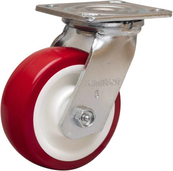 Hamilton - 5" Diam x 2" Wide x 6-1/2" OAH Top Plate Mount Swivel Caster - Polyurethane Mold on Polypropylene, 900 Lb Capacity, Straight Roller Bearing, 4 x 4-1/2" Plate - Exact Tooling