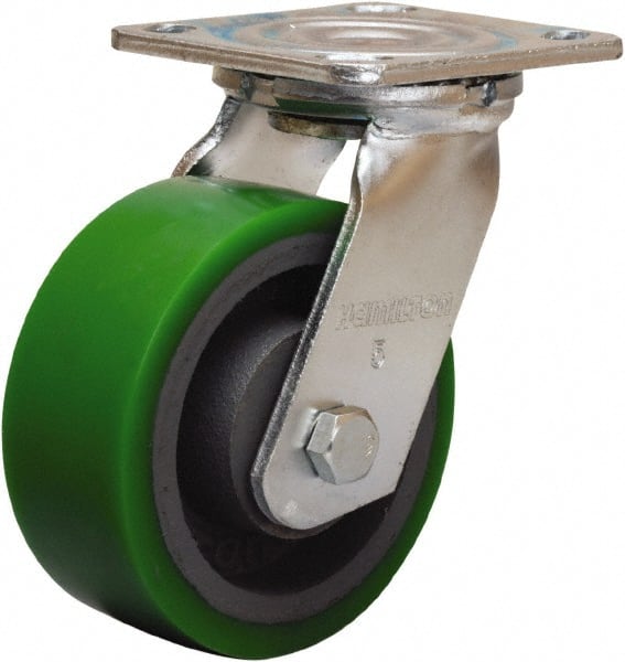 Hamilton - 5" Diam x 2" Wide x 6-1/2" OAH Top Plate Mount Swivel Caster - Polyurethane Mold onto Cast Iron Center, 900 Lb Capacity, Sealed Precision Ball Bearing, 4 x 4-1/2" Plate - Exact Tooling