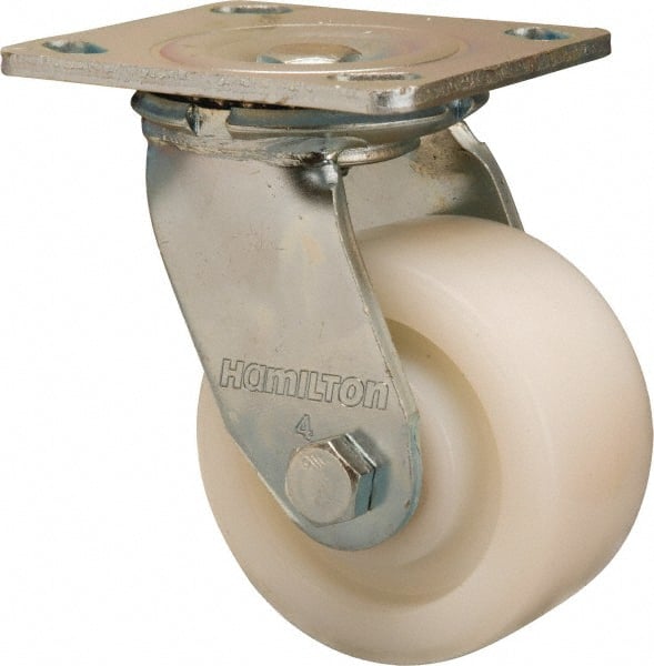 Hamilton - 4" Diam x 2" Wide x 5-5/8" OAH Top Plate Mount Swivel Caster - Nylon, 800 Lb Capacity, Sealed Precision Ball Bearing, 4 x 4-1/2" Plate - Exact Tooling