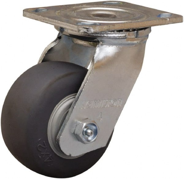 Hamilton - 4" Diam x 2" Wide x 5-5/8" OAH Top Plate Mount Swivel Caster - Rubber Mold on Polyolefin, 300 Lb Capacity, Straight Roller Bearing, 4 x 4-1/2" Plate - Exact Tooling