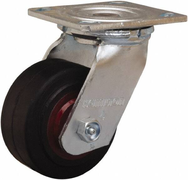 Hamilton - 4" Diam x 2" Wide x 5-5/8" OAH Top Plate Mount Swivel Caster - Rubber Mold on Cast Iron, 300 Lb Capacity, Straight Roller Bearing, 4 x 4-1/2" Plate - Exact Tooling