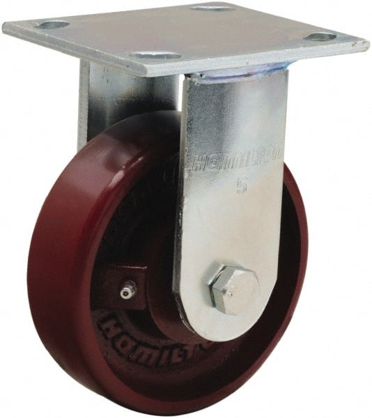Hamilton - 5" Diam x 1-1/2" Wide x 6-1/8" OAH Top Plate Mount Rigid Caster - Cast Iron, 550 Lb Capacity, Straight Roller Bearing, 4 x 4-1/2" Plate - Exact Tooling