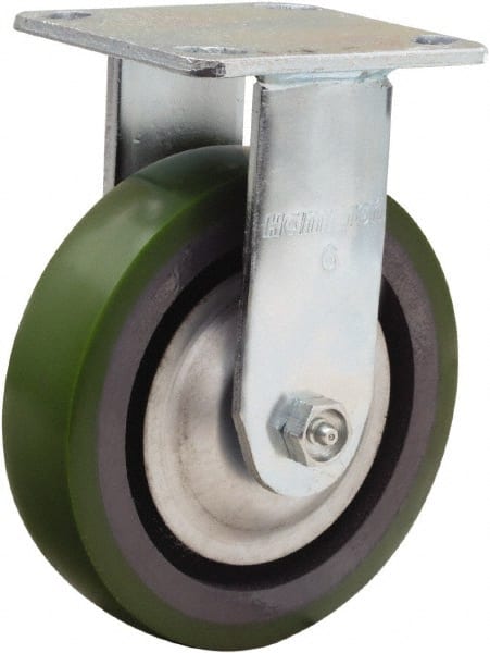 Hamilton - 6" Diam x 1-1/2" Wide x 7-1/2" OAH Top Plate Mount Rigid Caster - Polyurethane Mold onto Cast Iron Center, 850 Lb Capacity, Straight Roller Bearing, 4 x 4-1/2" Plate - Exact Tooling