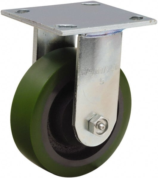 Hamilton - 5" Diam x 1-1/2" Wide x 6-1/8" OAH Top Plate Mount Rigid Caster - Polyurethane Mold onto Cast Iron Center, 550 Lb Capacity, Straight Roller Bearing, 4 x 4-1/2" Plate - Exact Tooling