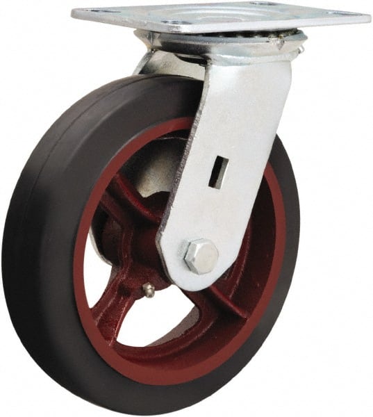 Hamilton - 8" Diam x 2" Wide x 9-1/2" OAH Top Plate Mount Swivel Caster - Rubber Mold on Cast Iron, 500 Lb Capacity, Straight Roller Bearing, 4-1/2 x 6-1/4" Plate - Exact Tooling