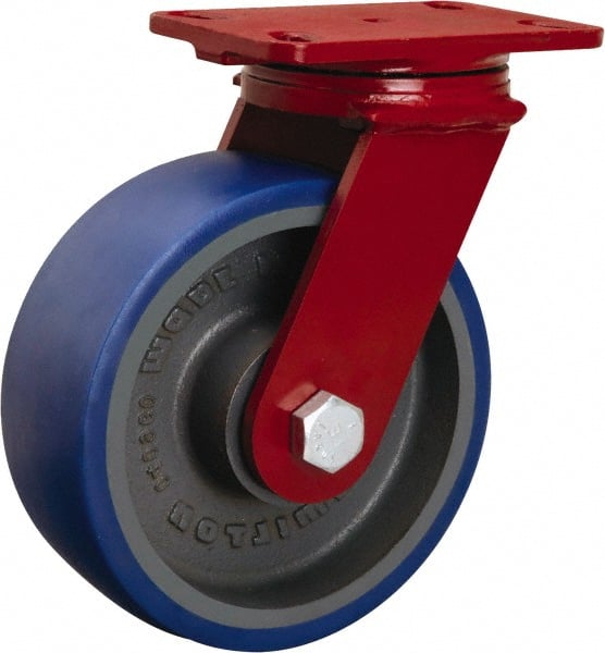 Hamilton - 8" Diam x 3" Wide x 10-1/8" OAH Top Plate Mount Swivel Caster - Polyurethane Mold onto Cast Iron Center, 2,000 Lb Capacity, Tapered Roller Bearing, 4-1/2 x 6-1/2" Plate - Exact Tooling