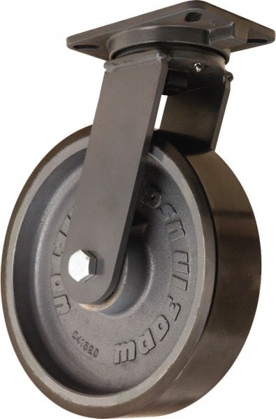Hamilton - 12" Diam x 3" Wide x 15-1/2" OAH Top Plate Mount Swivel Caster - Polyurethane Mold onto Cast Iron Center, 4,000 Lb Capacity, Tapered Roller Bearing, 5-1/4 x 7-1/4" Plate - Exact Tooling