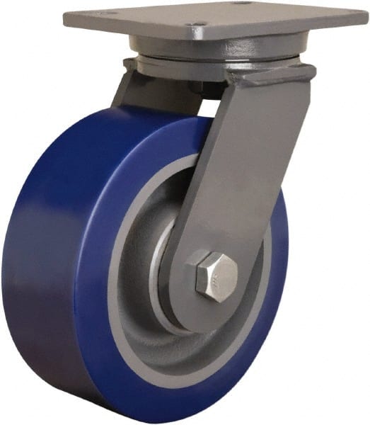 Hamilton - 8" Diam x 3" Wide x 10-1/2" OAH Top Plate Mount Swivel Caster - Polyurethane Mold onto Cast Iron Center, 3,500 Lb Capacity, Straight Roller Bearing, 5-1/4 x 7-1/4" Plate - Exact Tooling
