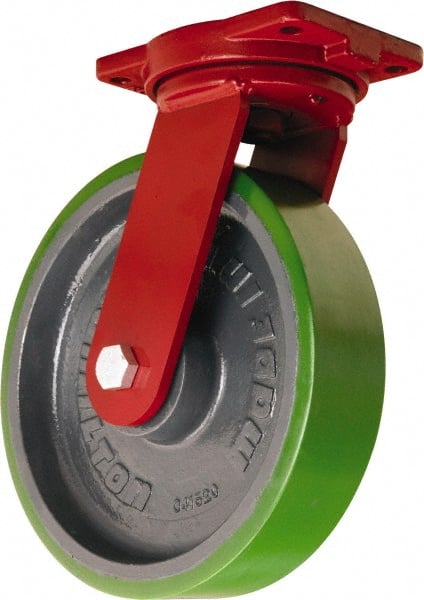 Hamilton - 12" Diam x 3" Wide x 14-1/2" OAH Top Plate Mount Swivel Caster - Polyurethane Mold onto Cast Iron Center, 3,500 Lb Capacity, Tapered Roller Bearing, 6-1/8 x 7-1/2" Plate - Exact Tooling