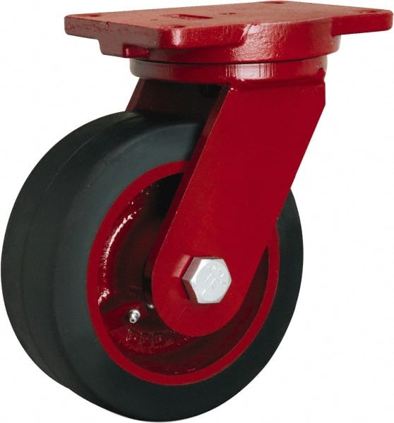 Hamilton - 10" Diam x 3" Wide x 12-1/2" OAH Top Plate Mount Swivel Caster - Rubber Mold on Cast Iron, 1,000 Lb Capacity, Straight Roller Bearing, 6-1/8 x 7-1/2" Plate - Exact Tooling