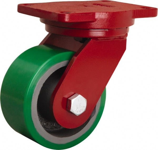 Hamilton - 6" Diam x 3" Wide x 8-1/2" OAH Top Plate Mount Swivel Caster - Polyurethane Mold onto Cast Iron Center, 2,200 Lb Capacity, Tapered Roller Bearing, 6-1/8 x 7-1/2" Plate - Exact Tooling