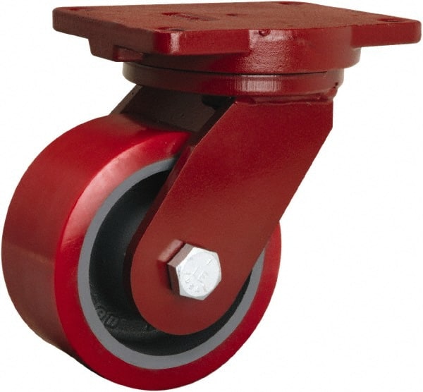Hamilton - 6" Diam x 3" Wide x 8-1/2" OAH Top Plate Mount Swivel Caster - Polyurethane Mold on Forged Steel, 2,600 Lb Capacity, Sealed Precision Ball Bearing, 6-1/8 x 7-1/2" Plate - Exact Tooling