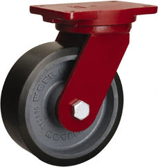 Hamilton - 8" Diam x 3" Wide x 10-1/2" OAH Top Plate Mount Swivel Caster - Polyurethane Mold onto Cast Iron Center, 3,250 Lb Capacity, Tapered Roller Bearing, 6-1/8 x 7-1/2" Plate - Exact Tooling