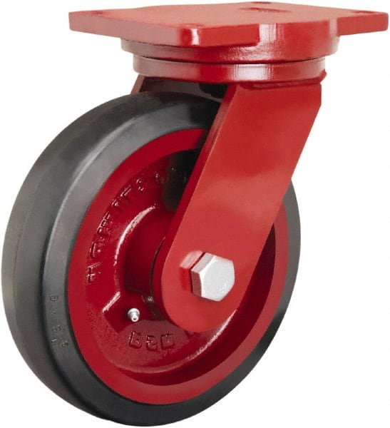 Hamilton - 8" Diam x 2-1/2" Wide x 10-1/2" OAH Top Plate Mount Swivel Caster - Rubber Mold on Cast Iron, 670 Lb Capacity, Precision Tapered Roller Bearing, 6-1/8 x 7-1/2" Plate - Exact Tooling