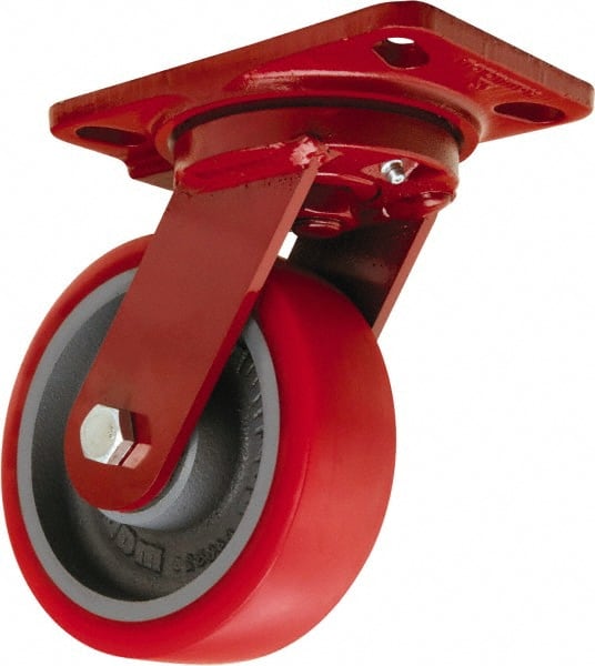Hamilton - 6" Diam x 2" Wide x 7-3/4" OAH Top Plate Mount Swivel Caster - Polyurethane Mold onto Cast Iron Center, 1,400 Lb Capacity, Tapered Roller Bearing, 4-1/2 x 6-1/2" Plate - Exact Tooling