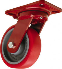 Hamilton - 6" Diam x 2" Wide x 7-3/4" OAH Top Plate Mount Swivel Caster - Polyurethane Mold onto Cast Iron Center, 1,400 Lb Capacity, Sealed Precision Ball Bearing, 4-1/2 x 6-1/2" Plate - Exact Tooling