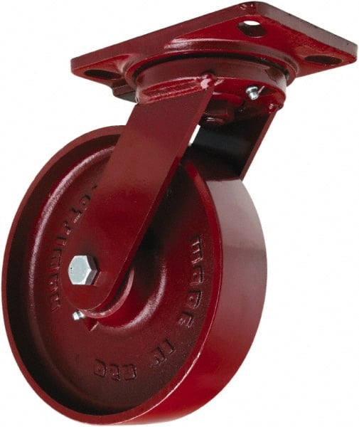 Hamilton - 8" Diam x 2" Wide x 9-3/4" OAH Top Plate Mount Swivel Caster - Cast Iron, 1,500 Lb Capacity, Sealed Precision Ball Bearing, 4-1/2 x 6-1/2" Plate - Exact Tooling