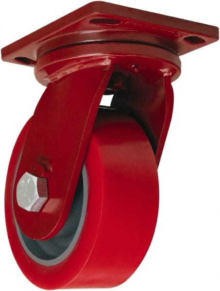 Hamilton - 10" Diam x 3" Wide x 12-1/2" OAH Top Plate Mount Swivel Caster - Polyurethane Mold onto Cast Iron Center, 3,600 Lb Capacity, Tapered Roller Bearing, 6-1/2 x 7-1/2" Plate - Exact Tooling