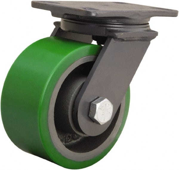 Hamilton - 6" Diam x 3" Wide x 7-3/4" OAH Top Plate Mount Swivel Caster - Polyurethane Mold onto Cast Iron Center, 2,200 Lb Capacity, Tapered Roller Bearing, 4-1/2 x 6-1/2" Plate - Exact Tooling