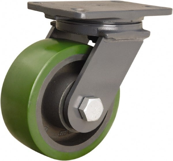 Hamilton - 6" Diam x 2-1/2" Wide x 7-3/4" OAH Top Plate Mount Swivel Caster - Polyurethane Mold onto Cast Iron Center, 1,600 Lb Capacity, Tapered Roller Bearing, 4-1/2 x 6-1/2" Plate - Exact Tooling
