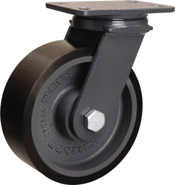 Hamilton - 8" Diam x 3" Wide x 10-1/4" OAH Top Plate Mount Swivel Caster - Polyurethane Mold onto Cast Iron Center, 2,400 Lb Capacity, Tapered Roller Bearing, 4-1/2 x 6-1/2" Plate - Exact Tooling