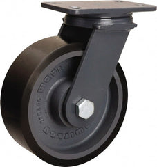 Hamilton - 8" Diam x 3" Wide x 10-1/4" OAH Top Plate Mount Swivel Caster - Polyurethane Mold onto Cast Iron Center, 2,400 Lb Capacity, Tapered Roller Bearing, 4-1/2 x 6-1/2" Plate - Exact Tooling