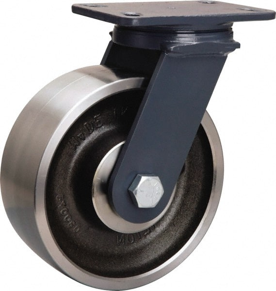 Hamilton - 8" Diam x 3" Wide x 10-1/4" OAH Top Plate Mount Swivel Caster - Forged Steel, 2,400 Lb Capacity, Tapered Roller Bearing, 4-1/2 x 6-1/2" Plate - Exact Tooling