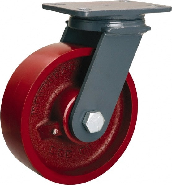Hamilton - 8" Diam x 2-1/2" Wide x 10-1/4" OAH Top Plate Mount Swivel Caster - Cast Iron, 2,400 Lb Capacity, Tapered Roller Bearing, 4-1/2 x 6-1/2" Plate - Exact Tooling