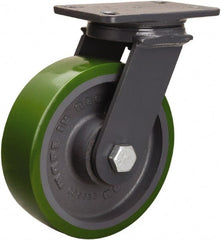 Hamilton - 8" Diam x 2-1/2" Wide x 10-1/4" OAH Top Plate Mount Swivel Caster - Polyurethane Mold onto Cast Iron Center, 2,000 Lb Capacity, Sealed Precision Ball Bearing, 4-1/2 x 6-1/2" Plate - Exact Tooling