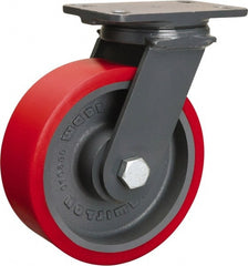 Hamilton - 8" Diam x 3" Wide x 10-1/4" OAH Top Plate Mount Swivel Caster - Polyurethane Mold onto Cast Iron Center, 2,400 Lb Capacity, Sealed Precision Ball Bearing, 4-1/2 x 6-1/2" Plate - Exact Tooling