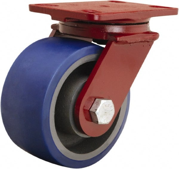 Hamilton - 6" Diam x 3" Wide x 7-1/2" OAH Top Plate Mount Swivel Caster - Polyurethane Mold onto Cast Iron Center, 1,800 Lb Capacity, Sealed Precision Ball Bearing, 4-1/2 x 6-1/2" Plate - Exact Tooling