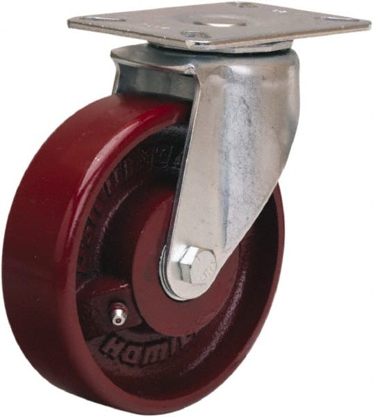 Hamilton - 5" Diam x 1-1/2" Wide x 6-3/8" OAH Top Plate Mount Swivel Caster - Cast Iron, 450 Lb Capacity, Straight Roller Bearing, 3-1/8 x 4-1/8" Plate - Exact Tooling