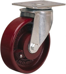 Hamilton - 5" Diam x 1-1/2" Wide x 6-3/8" OAH Top Plate Mount Swivel Caster - Cast Iron, 450 Lb Capacity, Straight Roller Bearing, 3-1/8 x 4-1/8" Plate - Exact Tooling