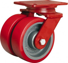 Hamilton - 6" Diam x 2" Wide x 7-3/4" OAH Top Plate Mount Dual Swivel Caster - Polyurethane Mold on Forged Steel, 2,500 Lb Capacity, Tapered Roller Bearing, 4-1/2 x 6-1/2" Plate - Exact Tooling