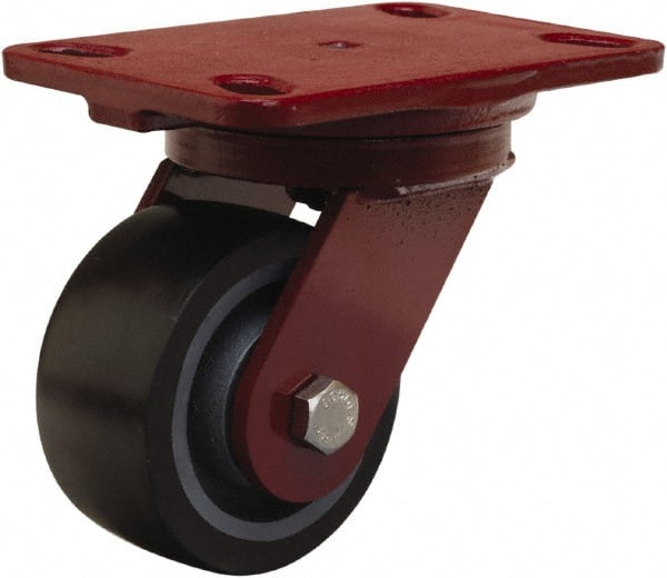 Hamilton - 4" Diam x 2" Wide x 5-5/8" OAH Top Plate Mount Swivel Caster - Polyurethane Mold onto Cast Iron Center, 975 Lb Capacity, Sealed Precision Ball Bearing, 4-1/2 x 6-1/2" Plate - Exact Tooling