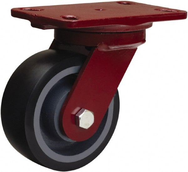 Hamilton - 5" Diam x 2" Wide x 6-3/4" OAH Top Plate Mount Swivel Caster - Polyurethane Mold onto Cast Iron Center, 1,360 Lb Capacity, Tapered Roller Bearing, 4-1/2 x 6-1/2" Plate - Exact Tooling