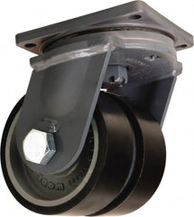 Hamilton - 8" Diam x 3" Wide x 11" OAH Top Plate Mount Dual Swivel Caster - Polyurethane Mold onto Cast Iron Center, 6,500 Lb Capacity, Tapered Roller Bearing, 8-1/2 x 8-1/2" Plate - Exact Tooling