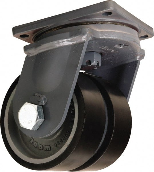 Hamilton - 12" Diam x 3" Wide x 15-1/2" OAH Top Plate Mount Dual Swivel Caster - Polyurethane Mold onto Cast Iron Center, 9,100 Lb Capacity, Tapered Roller Bearing, 8-1/2 x 8-1/2" Plate - Exact Tooling